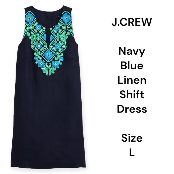 J. Crew Dresses & Skirts - J.Crew navy blue linen shift dress with embroidery size L
